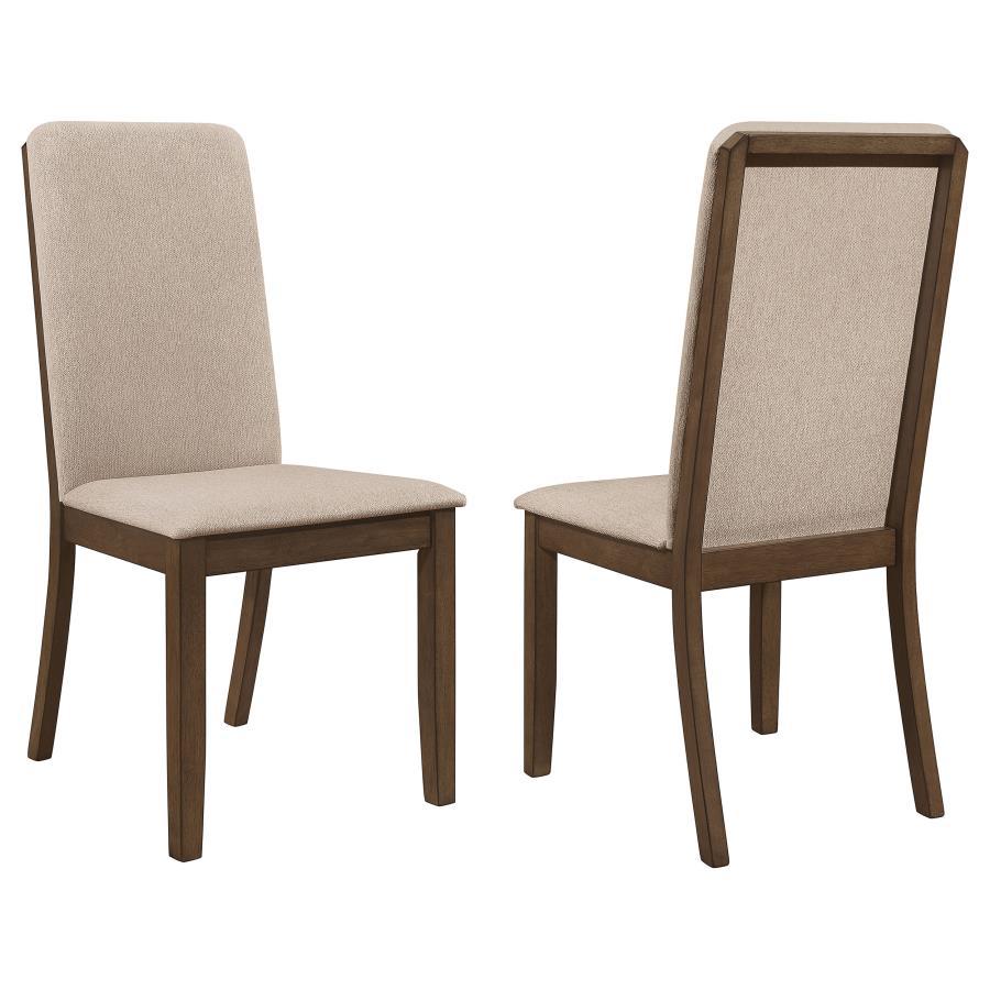 Treat your family to a comfortable dining experience. This beautiful, upholstered dining chair is crafted for comfort with a tall, supportive seat back and plush, cozy cushioning. Soft, rich, latte twill fabric gives it a light, airy look. The sturdy, woo