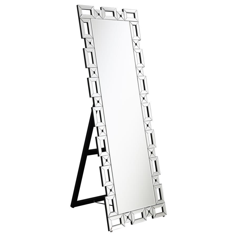 Check your fashionable ensemble with this charming, modern glam cheval mirror. A sophisticated frame of open rectangles and squares surrounds the main mirror, lending a Greek key-inspired silhouette for a classical aesthetic. Each sleek, boxy shape is cov