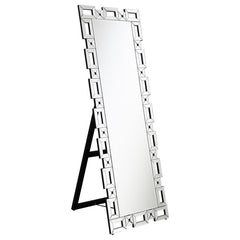 Check your fashionable ensemble with this charming, modern glam cheval mirror. A sophisticated frame of open rectangles and squares surrounds the main mirror, lending a Greek key-inspired silhouette for a classical aesthetic. Each sleek, boxy shape is cov