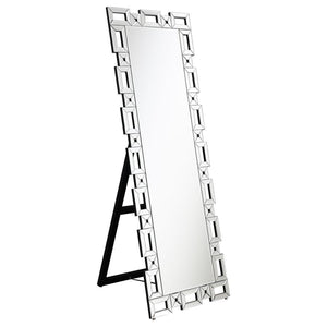 Check your fashionable ensemble with this charming, modern glam cheval mirror. A sophisticated frame of open rectangles and squares surrounds the main mirror, lending a Greek key-inspired silhouette for a classical aesthetic. Each sleek, boxy shape is cov