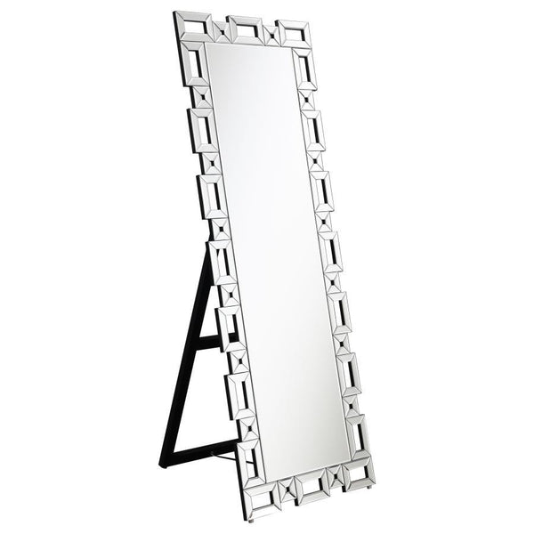 Check your fashionable ensemble with this charming, modern glam cheval mirror. A sophisticated frame of open rectangles and squares surrounds the main mirror, lending a Greek key-inspired silhouette for a classical aesthetic. Each sleek, boxy shape is cov