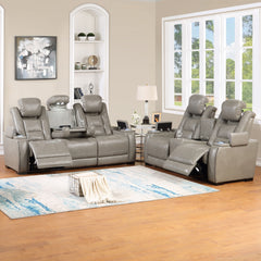 The Breckenridge Genuine Leather 2-Piece Power Reclining Sofa and Console Loveseat in Gray blends modern style with practical features. Built with hardwood and manufactured woods for durability, it features top-grain leather where you touch and matching l