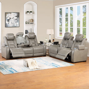The Breckenridge Genuine Leather 2-Piece Power Reclining Sofa and Console Loveseat in Gray blends modern style with practical features. Built with hardwood and manufactured woods for durability, it features top-grain leather where you touch and matching l