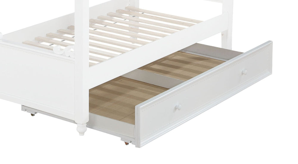 In addition to the fabulous Rapunzel bed, its matching trundle also offers a stylish look. The lower trundle can hold a mattress for additional guests or could be used as a drawer for additional storage spaces. Convenient and flexible, this trundle will p