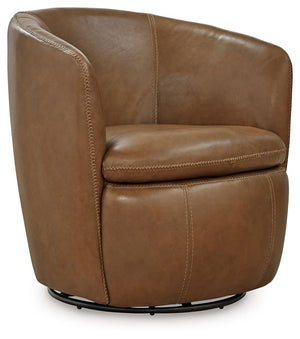 Experience the perfect blend of well-appointed comfort and stylish design with this swivel accent chair. Its supple leather and barrel back invite you to settle in and relax, while the sleek 360-degree swivel base keeps you engaged with conversations. Des