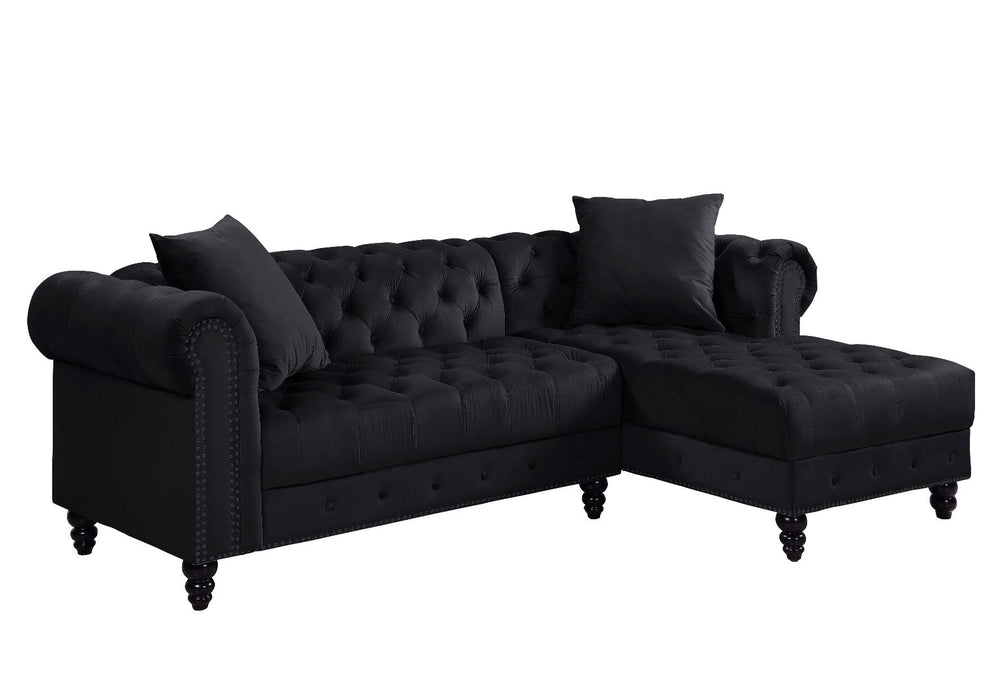 Create a chic living room with the Adnelis sectional sofa. It is beautifully upholstered in lustrous velvet. It is designed with spectacular attention to fine details such as button tufting and nail-head trim accents. The rolled armrests add a regal touch