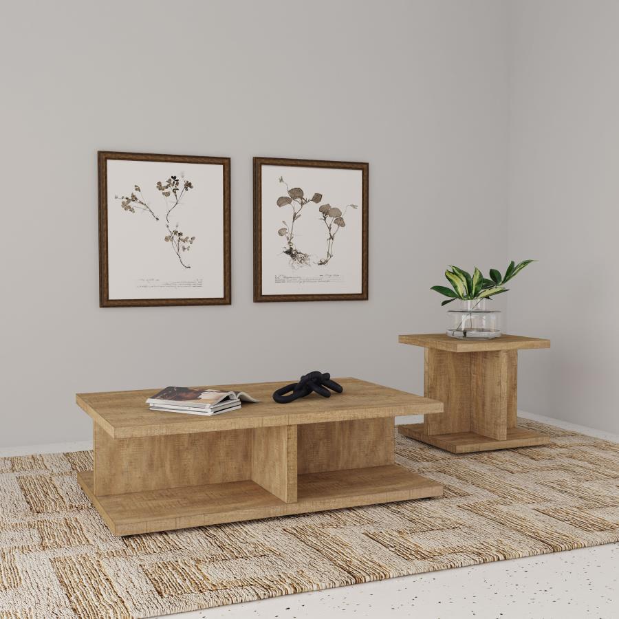 Infuse your living room with warmth and rustic charm using this coordinated set of coffee and end tables. Crafted from engineered wood and finished in a rich mango tone, these tables blend durability with timeless aesthetics. The scratch-resistant laminat