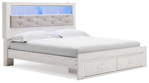 The epitome of fashion-forward design, this king upholstered bookcase bed is a beautiful blend of comfort and luxury. Shiny chrome-tone accents, a pearlized finish and button-tufted upholstery bring a glam touch to the richly rustic appearance. Remote-con