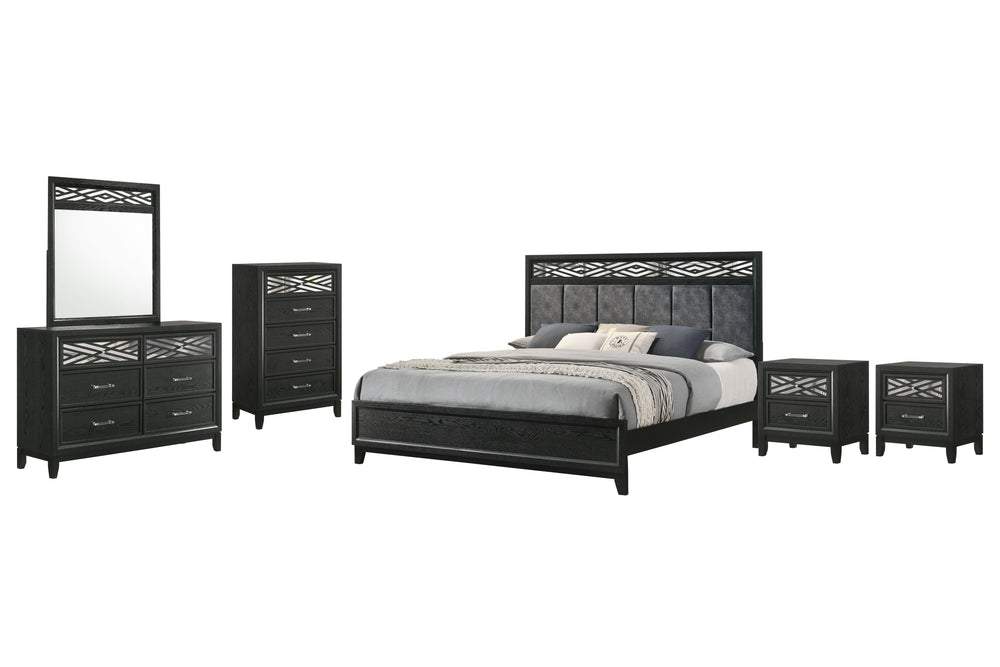 The Obsidian 5-Piece Bedroom Set is the ultimate in luxurious and modern bedroom design, offering both style and functionality. This comprehensive set includes a beautifully designed panel bed with a plush padded headboard, a spacious dresser, a matching 