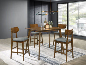 Create a warm and inviting breakfast nook with this charming five-piece modern counter height dining set. Centering on a 47-inch table, it boasts a rich walnut finish that lends timeless character and style. The table boasts angled fin-style legs that add