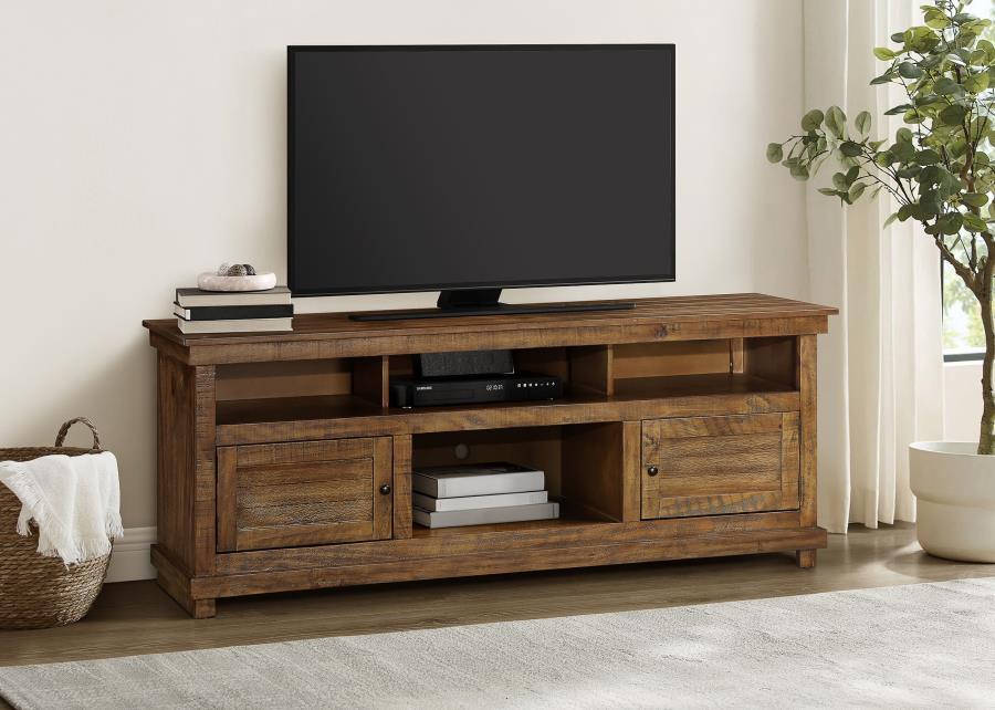 Introduce expansive storage underneath your flat panel television with this modern farmhouse TV stand. It-'s a wooden design with roughhewn details that offer charming texture and casual allure in your living room or den. Two cabinets offer decorative doo