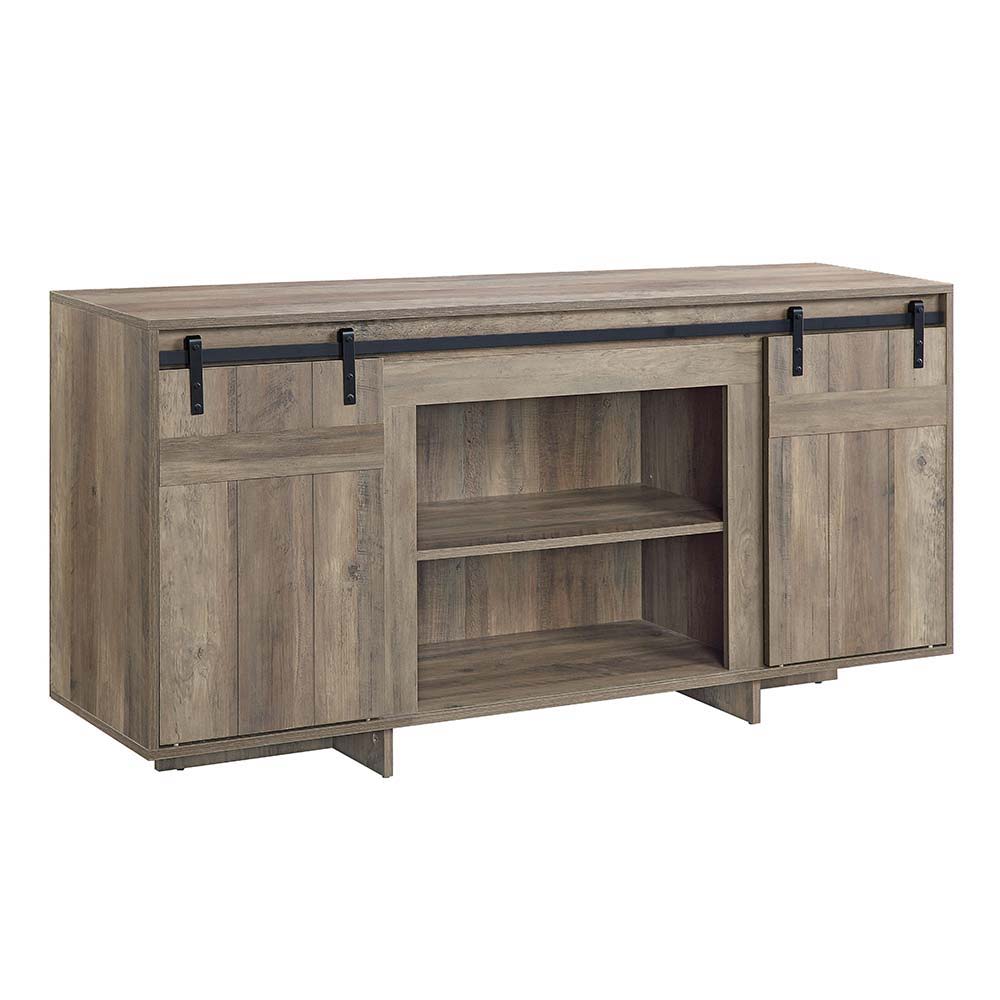 Begin designing your cozy and farmhouse style living room with the Bellarosa TV Stand. It is design with a wooden case-frame with sled base full of warm brown and rustic elements. Two sliding barn doors with metal hardware add textures to this wooden piec