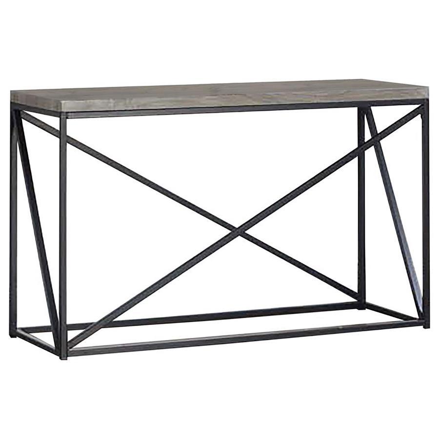 Enhance your living room with this sleek console table, combining industrial design with modern functionality. The engineered wood top in a sonoma grey finish offers a durable, scratch-resistant surface, highlighting a natural wood-like texture. A black p