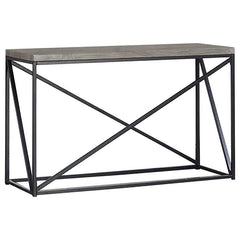 Enhance your living room with this sleek console table, combining industrial design with modern functionality. The engineered wood top in a sonoma grey finish offers a durable, scratch-resistant surface, highlighting a natural wood-like texture. A black p
