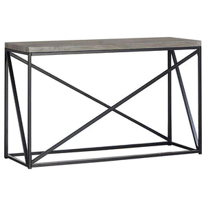 Enhance your living room with this sleek console table, combining industrial design with modern functionality. The engineered wood top in a sonoma grey finish offers a durable, scratch-resistant surface, highlighting a natural wood-like texture. A black p