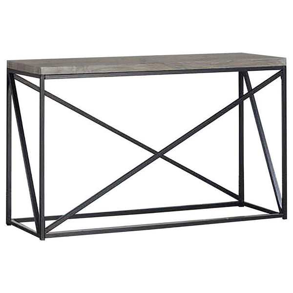 Enhance your living room with this sleek console table, combining industrial design with modern functionality. The engineered wood top in a sonoma grey finish offers a durable, scratch-resistant surface, highlighting a natural wood-like texture. A black p