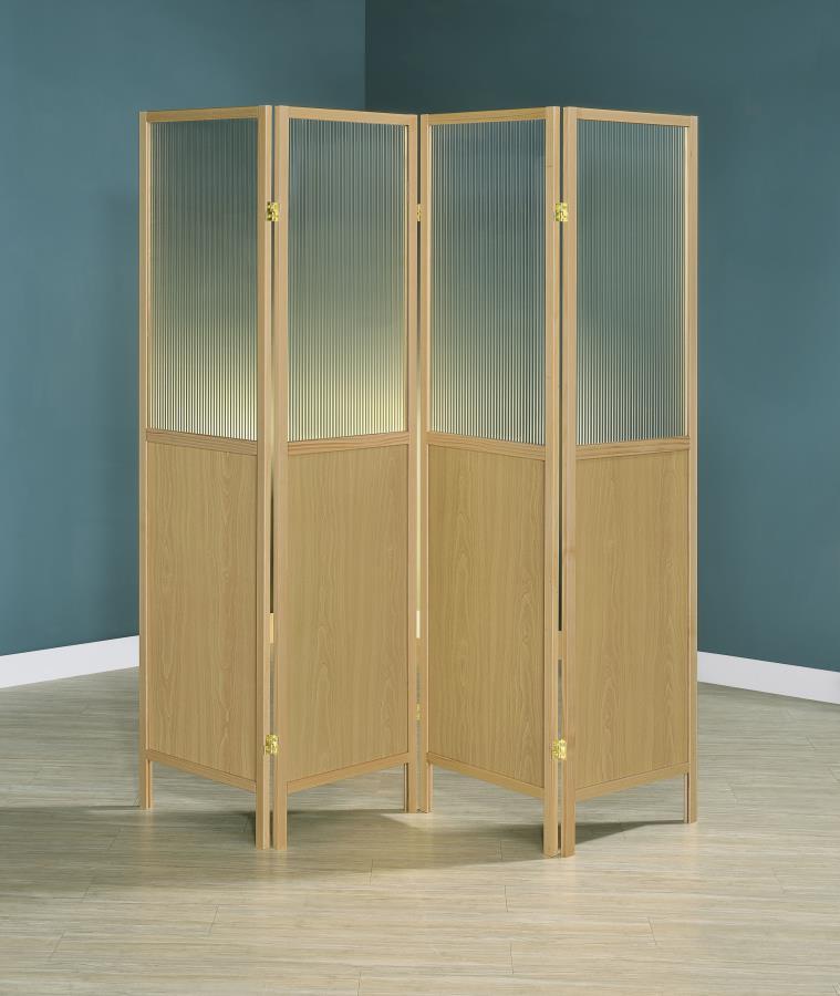 Create the perfect sense of division in your open living space with a transitional four-panel room divider. The freestanding piece offers four tall panels, each divided with a semi-opaque top section that allows light to pass through. The panels are ideal