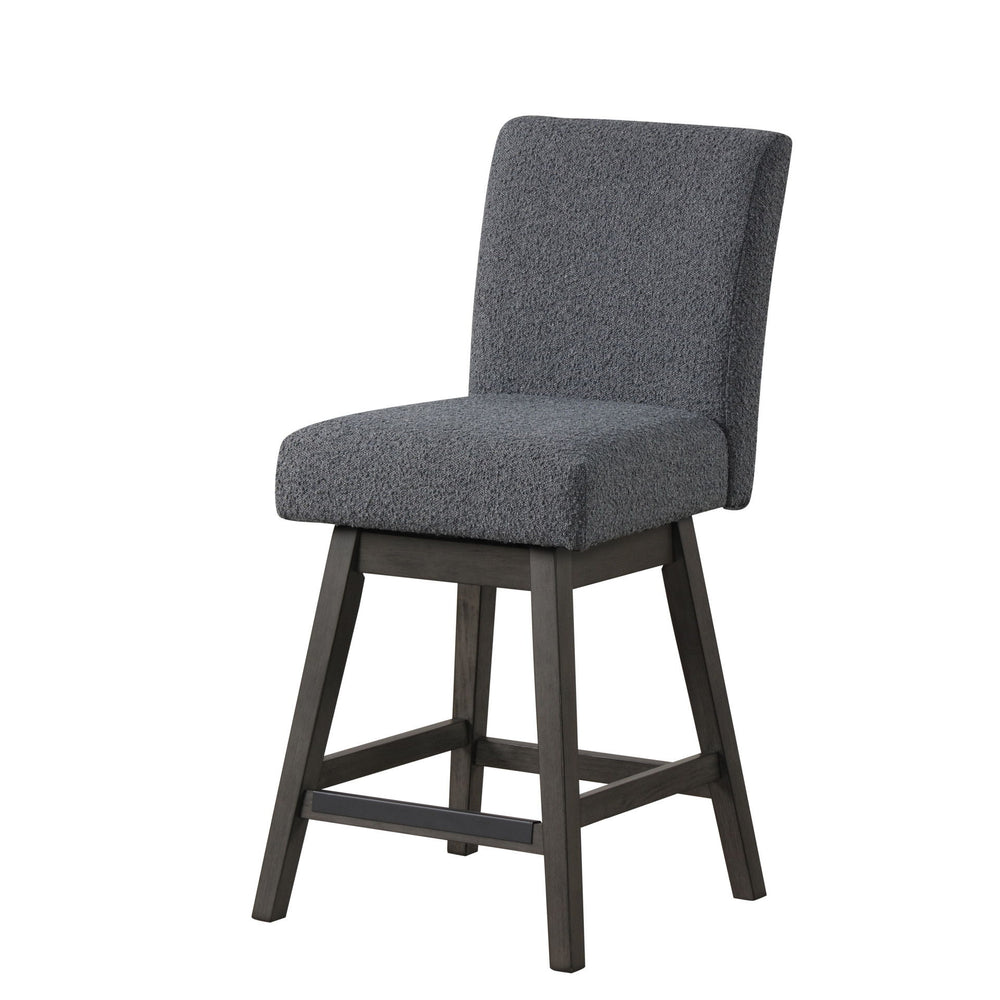 The High Line Counter Height Swivel Chairs in Gray offer a blend of durability, comfort, and functionality. Each set includes two counter swivel stools, expertly crafted from solid Acacia and Rubberwood, complemented by high-quality manufactured woods and