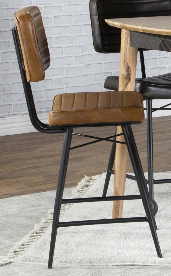 Add a retro-inspired touch to a space with this industrial-inspired counter height stool. Wrapped in a leather upholstery across the contoured backrest and seat, this stool offers ultimate comfort and stability. Each leather piece includes hand-dyed detai