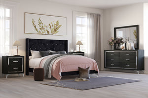 The Huxley 5-Piece Bedroom Set in Black combines contemporary glam with durable craftsmanship for a stylish and functional bedroom. This set includes an upholstered bed with headboard, footboard, two side rails, and slat kit, as well as a 6-drawer dresser
