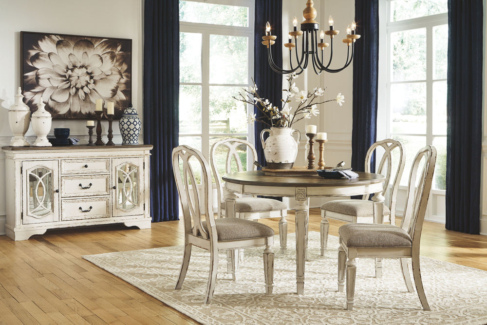 Traditional cottage design. Antiqued two-tone finish featuring chipped white with distressed wood finished tops. Tops feature Oak veneers, while the cases are made with birch veneers and hardwood solids. Framed drawer fronts and decorative fret laid over 