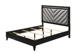 Sleep in style with this modern Chelsie bedroom collection. The sturdy bed is a focal point on its own with its gray channel-tufted headboard and tapered legs. Add depth and reflect light with its silver trim that is featured throughout the bed and case g