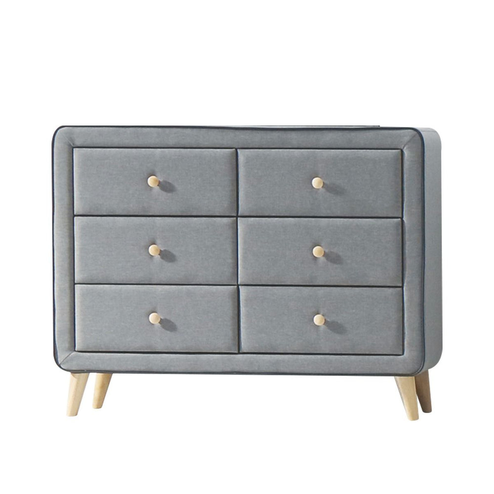 6 Drw Padded: Light Gray Fabric & Black Welt Trim Drawer: GLIDE Side Metal, NO DT, NO Felt-Lined, KD Wooden Tapered Leg: Natural Finish, 5-" (130mm), Carton: 12-" x 8-" x 3-" (300 x 200 x 70mm) Top Chest: Polyfoam 43-" x 16-" (1090 x 410 x 5mm) ASTM F2057