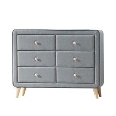 6 Drw Padded: Light Gray Fabric & Black Welt Trim Drawer: GLIDE Side Metal, NO DT, NO Felt-Lined, KD Wooden Tapered Leg: Natural Finish, 5-" (130mm), Carton: 12-" x 8-" x 3-" (300 x 200 x 70mm) Top Chest: Polyfoam 43-" x 16-" (1090 x 410 x 5mm) ASTM F2057