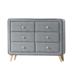 6 Drw Padded: Light Gray Fabric & Black Welt Trim Drawer: GLIDE Side Metal, NO DT, NO Felt-Lined, KD Wooden Tapered Leg: Natural Finish, 5-" (130mm), Carton: 12-" x 8-" x 3-" (300 x 200 x 70mm) Top Chest: Polyfoam 43-" x 16-" (1090 x 410 x 5mm) ASTM F2057