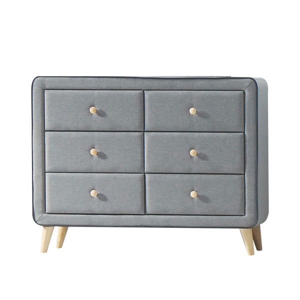 6 Drw Padded: Light Gray Fabric & Black Welt Trim Drawer: GLIDE Side Metal, NO DT, NO Felt-Lined, KD Wooden Tapered Leg: Natural Finish, 5-" (130mm), Carton: 12-" x 8-" x 3-" (300 x 200 x 70mm) Top Chest: Polyfoam 43-" x 16-" (1090 x 410 x 5mm) ASTM F2057