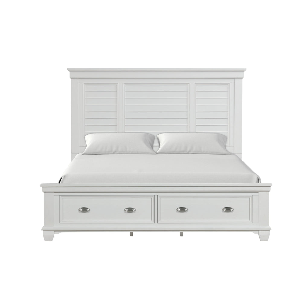The Jamestown Panel Bed with Storage Footboard in White is a perfect fusion of durability, style, and functionality for your bedroom. This bed is expertly crafted from solid Acacia, premium manufactured woods, and authentic Oak veneers, ensuring long-last