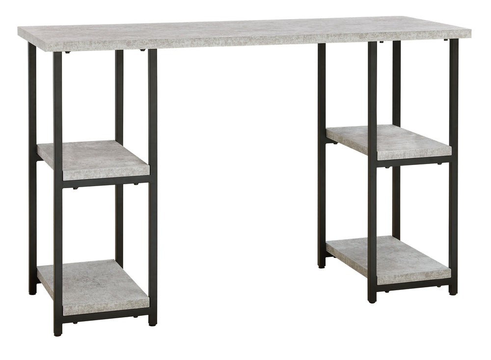 Casual linear style is ideal to keep your home office aesthetic appealing and clean. This desk features an architectural look with its faux concrete MEGA-TUFFÂ® melamine top and a metal base in a dark pewter-tone finish, for the perfect balance of crisp a