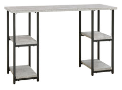 Casual linear style is ideal to keep your home office aesthetic appealing and clean. This desk features an architectural look with its faux concrete MEGA-TUFFÂ® melamine top and a metal base in a dark pewter-tone finish, for the perfect balance of crisp a