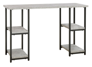 Casual linear style is ideal to keep your home office aesthetic appealing and clean. This desk features an architectural look with its faux concrete MEGA-TUFFÂ® melamine top and a metal base in a dark pewter-tone finish, for the perfect balance of crisp a