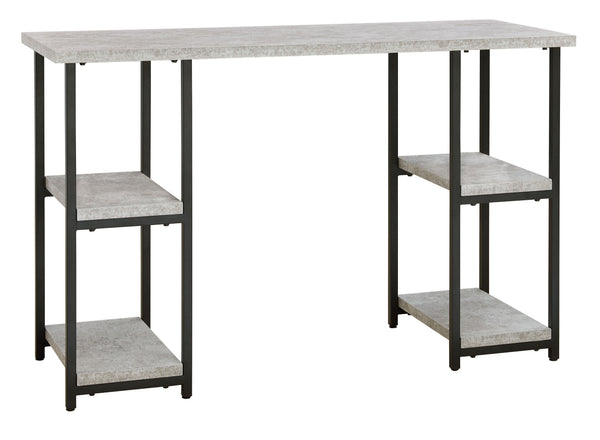 Casual linear style is ideal to keep your home office aesthetic appealing and clean. This desk features an architectural look with its faux concrete MEGA-TUFFÂ® melamine top and a metal base in a dark pewter-tone finish, for the perfect balance of crisp a