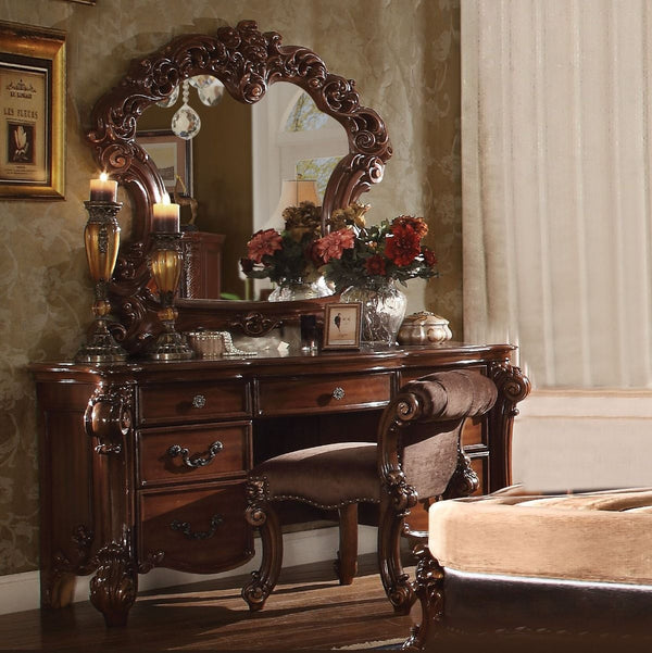 Create an elegant, traditional design in your bedroom with the cherry Vendome mirror. This hand-crafted piece inspired from the luxurious designs of the past, this mirror features elaborate wood carving details and a sophisticated style.<br/><br/><b>Produ