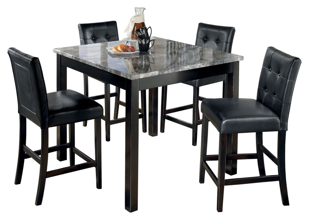 The square shape of this counter height table offers comfortable dining without taking up too much space. Faux marble tabletop has a polished look that-'s easy to clean. Cushioned counter stools are tufted and covered in faux leather and slide neatly unde