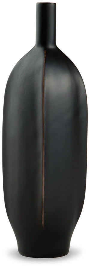 Impress with the simply sleek stylings of this vase. A black finish coats the piece, with a brown rub on the corners acting as a subtly eye-catching design element. What a chic addition to your bookcase, mantel or tabletop.<br/><br/><b>Product Features</b