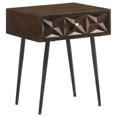 Showcase the striking woodgrains of this solid mango wood accent table, a stylish, eco-friendly addition to a sustainable home. Designed with flared tapered legs that offer an elegant look, this transitional accent table gives of mid-century vibes and an 