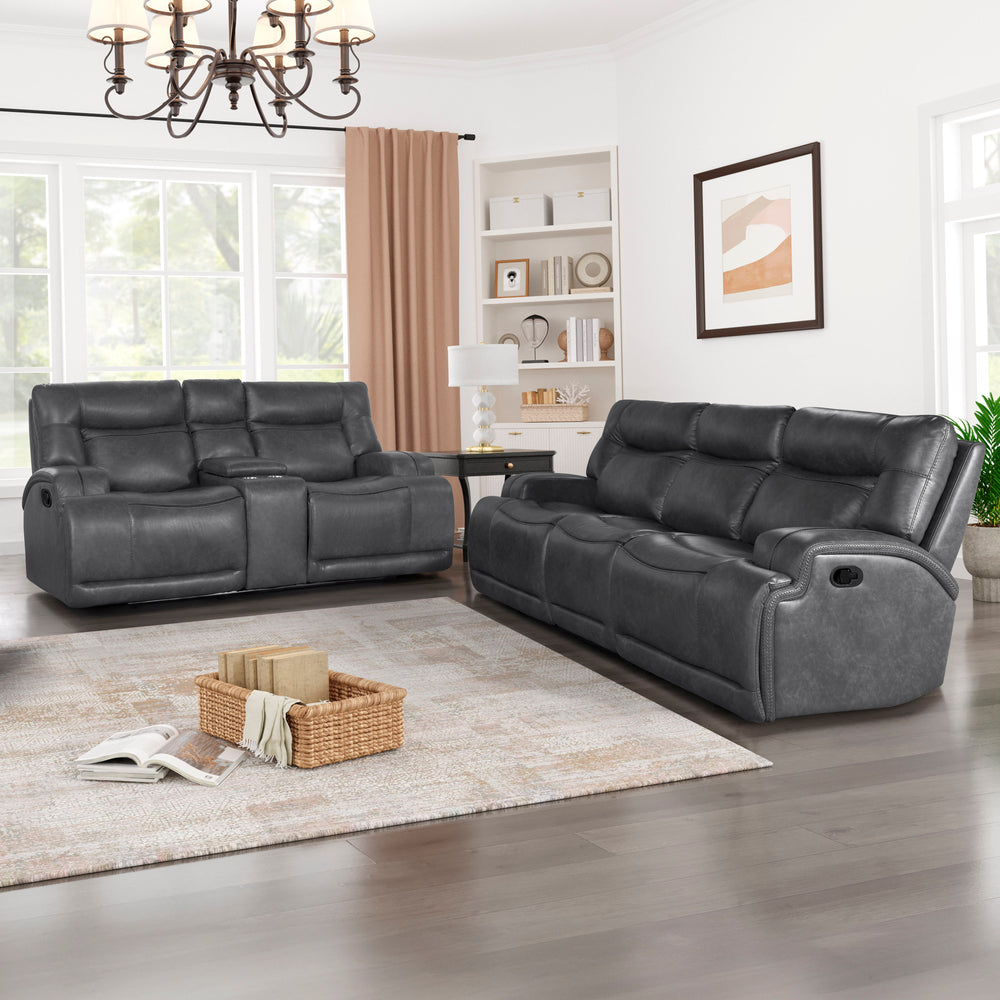 The Titan 2 Piece Motion Upholstery Set in gray, featuring a reclining sofa and console loveseat, is designed for lasting durability and ultimate comfort. Crafted with hardwood plywood and engineered wood frames, this set supports up to 350 lbs per seat, 