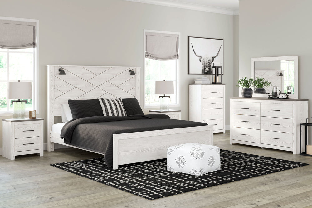 Cool, clean and casually modern. This bedroom sets white rustic finish sets the tone for your calming sanctuary. Matte black sconce lights and an abstract design on the headboard bring a fresh look to the bedâ€™s simply stunning profile. <h4><b>Gerridan -