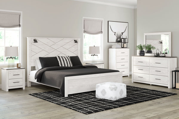 Cool, clean and casually modern. This bedroom sets white rustic finish sets the tone for your calming sanctuary. Matte black sconce lights and an abstract design on the headboard bring a fresh look to the bedâ€™s simply stunning profile. <h4><b>Gerridan -