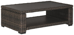 Style. Comfort. Quality. Value. This outdoor coffee table really goes to town, giving you the total package for outstanding outdoor living. Crafted to withstand the elements, this outdoor tableâ€™s resin wicker base and rust-proof aluminum frame ensure ca