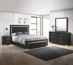 This bedroom collection offers a sophisticated palette of black and gold, presenting a refined look that-'s both modern and timeless. The bed anchors the set with its plush, button-tufted headboard framed by a bold, gold accent trim, creating a luxurious 