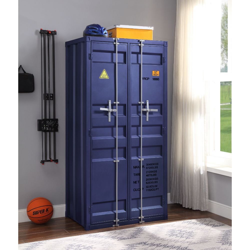 The Cargo Wardrobe is an excellent addition for storage in any bedroom, garage, or even in an off-site storage unit. This functional piece is created from iron metal and includes two front doors with a rod for hanging clothes and five open compartments.<b