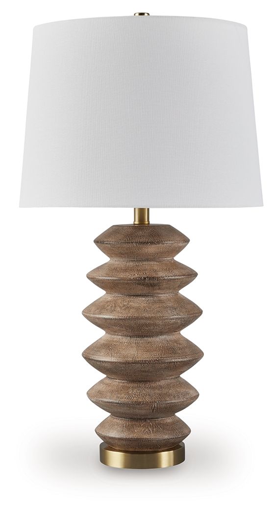 Express your taste for cool construction and inviting vibes. In a light brown faux wood pattern, this table lamp brings a fresh feel to an end table or nightstand. A goldtone metal accent gives it a mixed-media feel for added refinement.<br><br><b>Additio