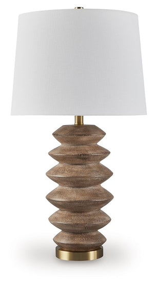 Express your taste for cool construction and inviting vibes. In a light brown faux wood pattern, this table lamp brings a fresh feel to an end table or nightstand. A goldtone metal accent gives it a mixed-media feel for added refinement.<br><br><b>Additio