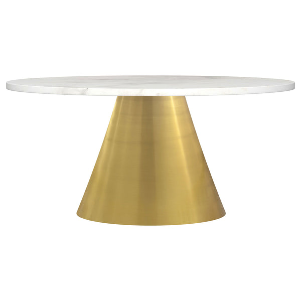 This modern coffee table exudes luxury with its gorgeous white marble top and conical metal base. The round profile creates a unifying, sophisticated focal point in any living room. Crafted from genuine marble, the tabletop radiates elegance, while the br