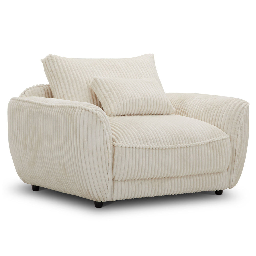 With its low-seated frame and oversized cushion contours, this chair is designed to create a relaxed and inviting feel. The chair is generously scaled for sumptuous comfort and exquisitely tailored and upholstered in and ultra-plush wide corded velvet and