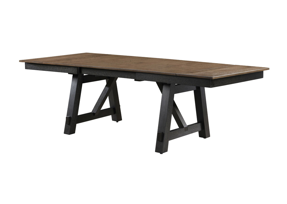 Form and function work beautifully together in the Maribelle dining group. The trestle base table features dual draw leaves that tuck away neatly and provide extra space when needed. The sturdy bench and chairs feature cushioned seats with gray linen weav